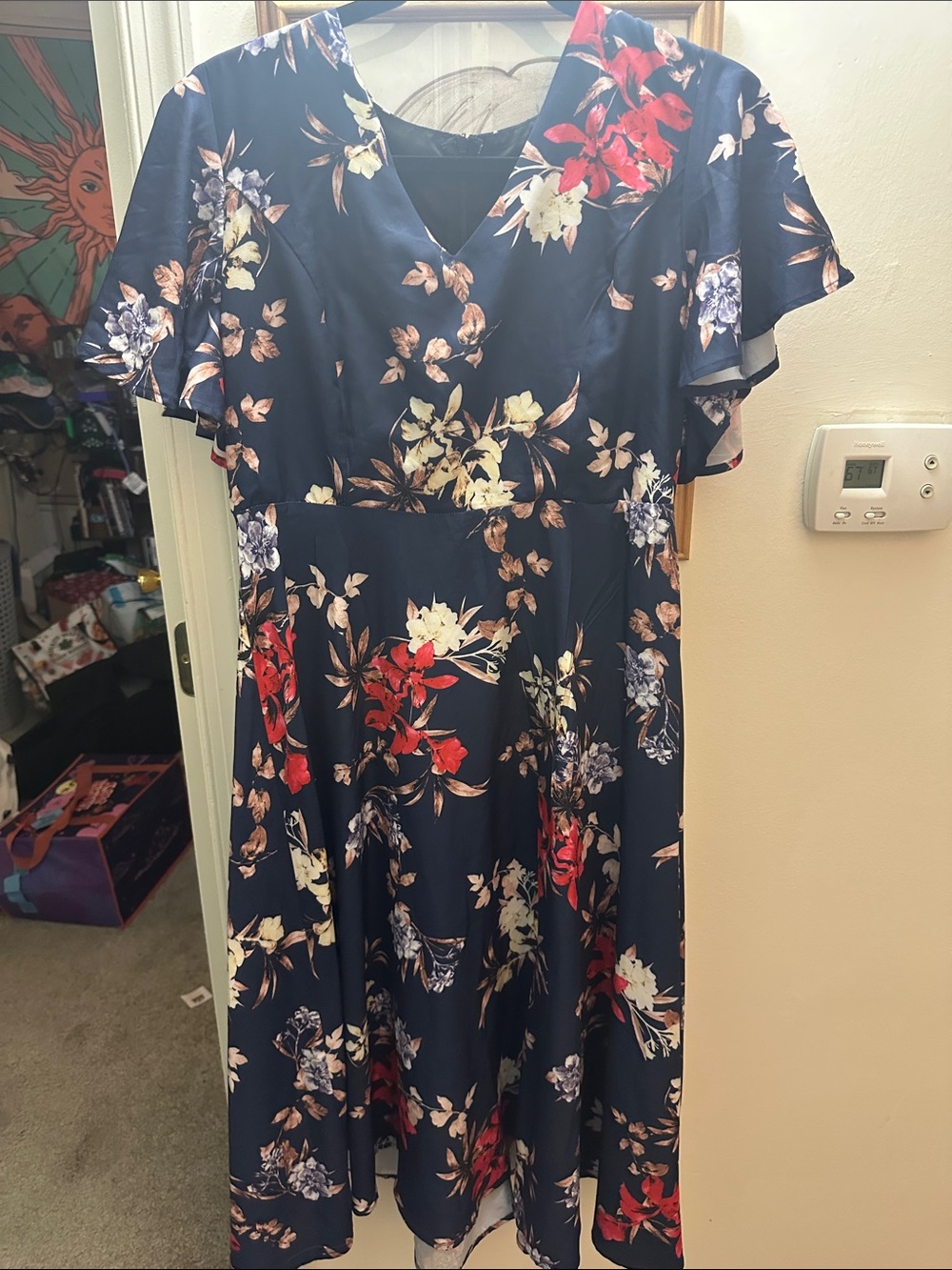 Navy Floral V-Neck Midi Dress